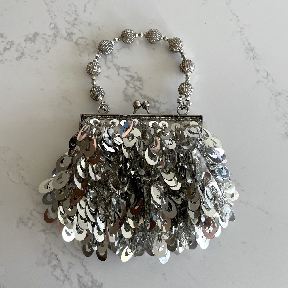 Silver Shimmer Metallic Evening Purse W/Handle or Chain